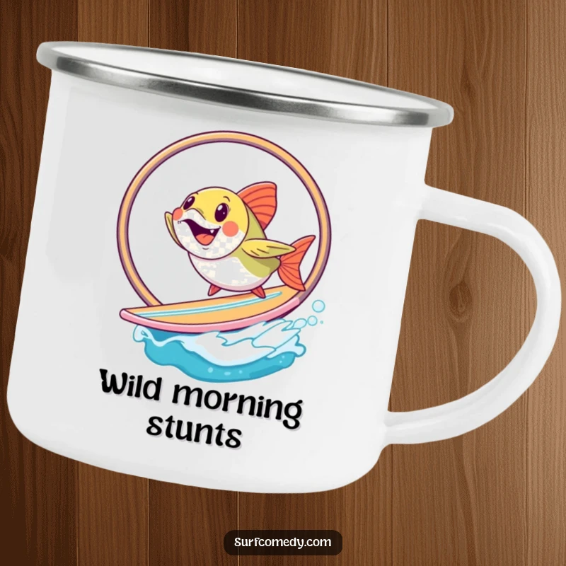 Funny fish jumping through a hoop on a surfboard, designed for a humorous and rugged camping mug. A great funny gift.