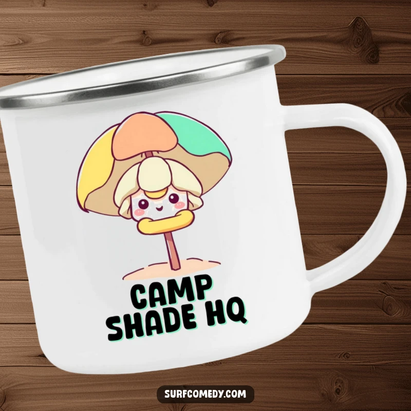 Funny Kawaii character peeking from a beach umbrella on an enamel camping mug, perfect for sunny outdoor enjoyment.