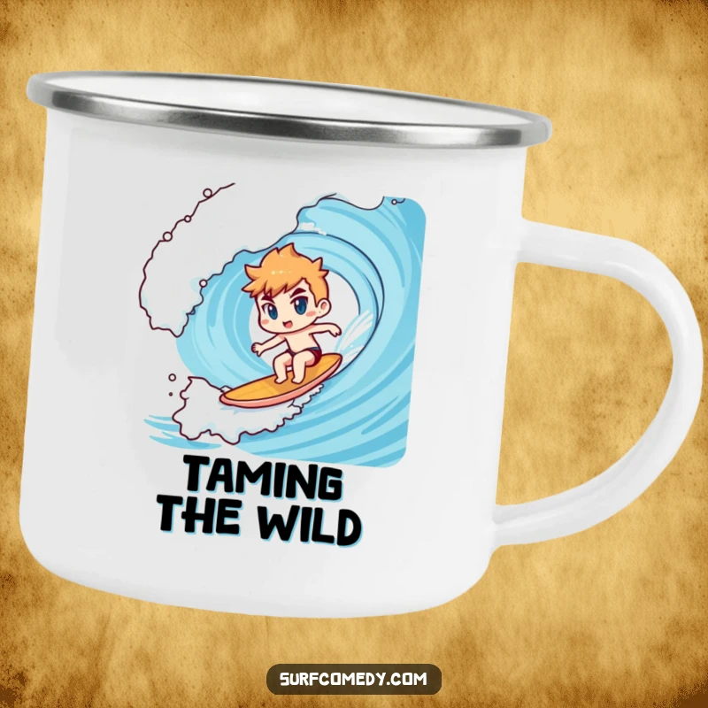 Funny Kawaii character camping mug depicting determined surfing on a giant wave, a perfect funny gift.