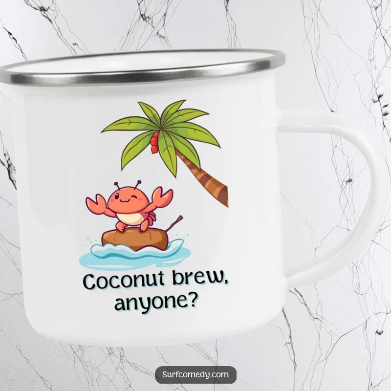 Funny camping mug featuring a Kawaii crab character surfing a small coconut, perfect for outdoor enthusiasts.