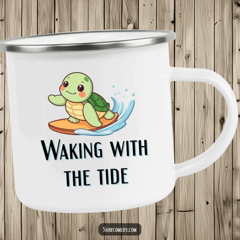 Funny camping mug showing a cute kawaii sea turtle character surfing a gentle wave, perfect for outdoor adventures and beach lovers.