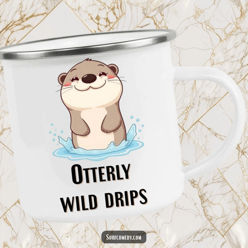 Funny enamel camping mug showing a sea otter with a wide grin, sliding down a water spray, for outdoor use.