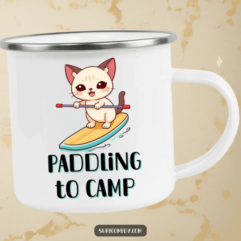 Funny Siamese cat happily balancing unsteadily on a paddleboard on a metal camping mug, perfect for outdoor drinks with humor.