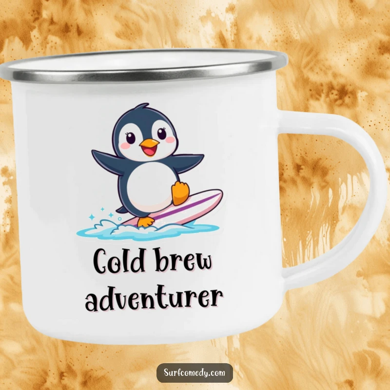 Funny smiling penguin attempting to surf a small surfboard on a durable camping mug.
