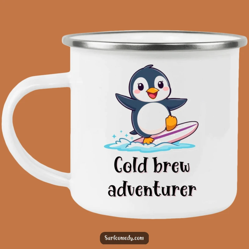 Funny Penguin Surfing Camping Mug: Adventure in the Cold