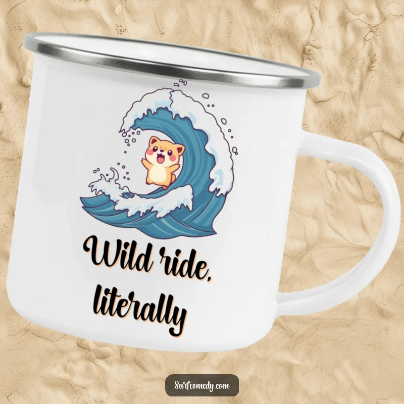 Funny camping mug with a surprised animal character tossed into the air by a rogue wave, perfect for outdoor humor.