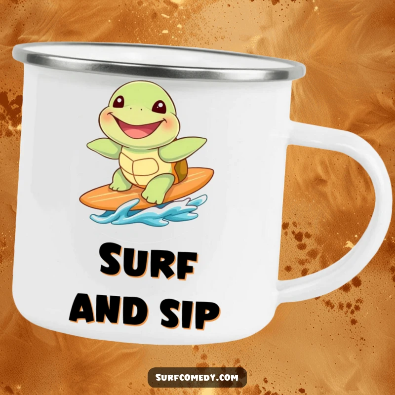 Funny cute sea turtle with a huge grin, riding a surfboard on this sturdy and funny camping mug.
