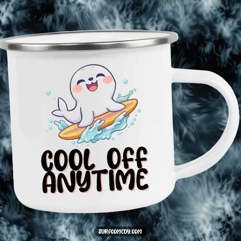 Funny laughing seal character sliding off a surfboard into a refreshing splash, perfect for outdoor enthusiasts who love the beach.