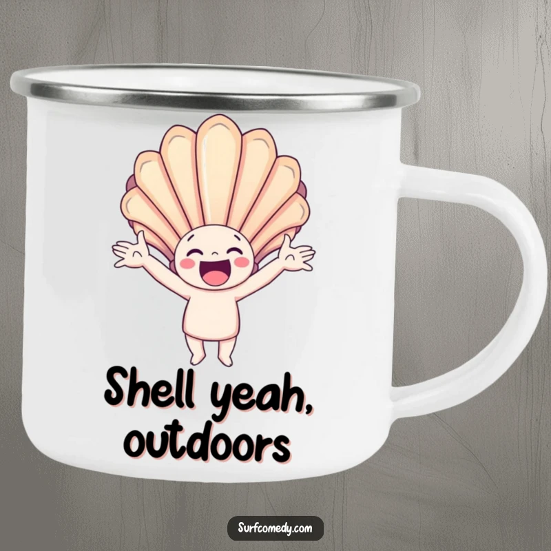 Funny camping mug showing a happy character catching a giant, colorful seashell with arms outstretched, designed for outdoor fun.