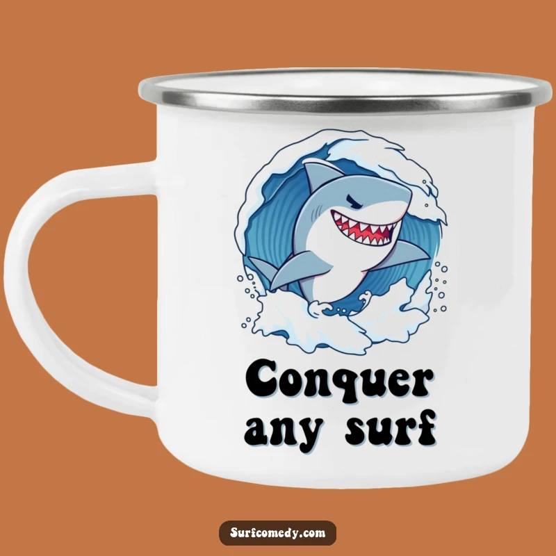 Funny Shark Surf Camping Mug: Determined Wave Carver Adventure, Outdoor Ocean Gift