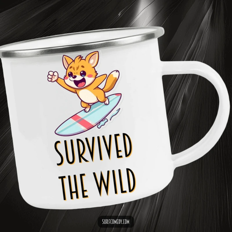 Funny summit surfer camping mug, a durable mug with a triumphant animal surfer, ready for the outdoors, a bold funny gift.