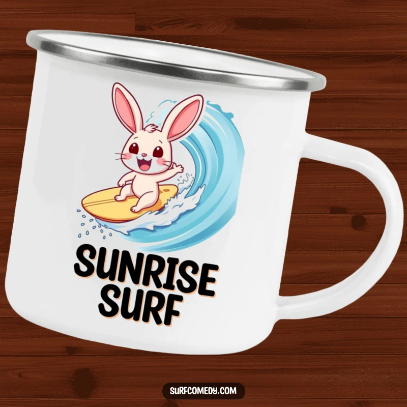 Funny Surfer Rabbit Camping Mug: Shows an ecstatic rabbit surfing a huge wave, built for adventure and humor.