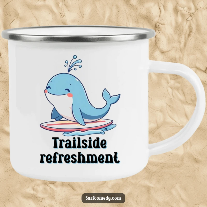 Funny smiling whale character on a surfboard, joyfully spouting water like a fountain, perfect for outdoor enthusiasts who love the ocean.