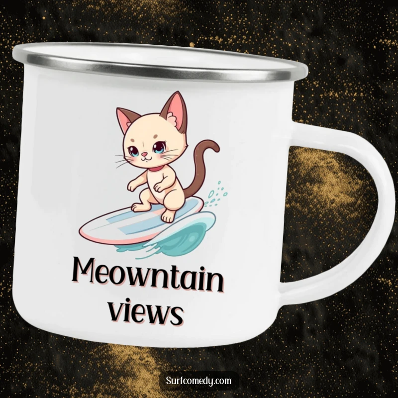 Funny Siamese Cat Surfer Camping Mug: A cool Siamese cat surfs a wave, perfect for enjoying beverages outdoors with a humorous touch.