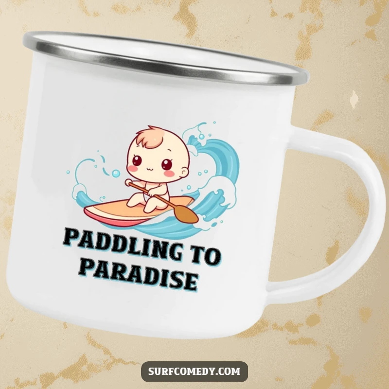 Funny Kawaii character camping mug depicting playful paddling through stylized ocean waves, a perfect funny gift.