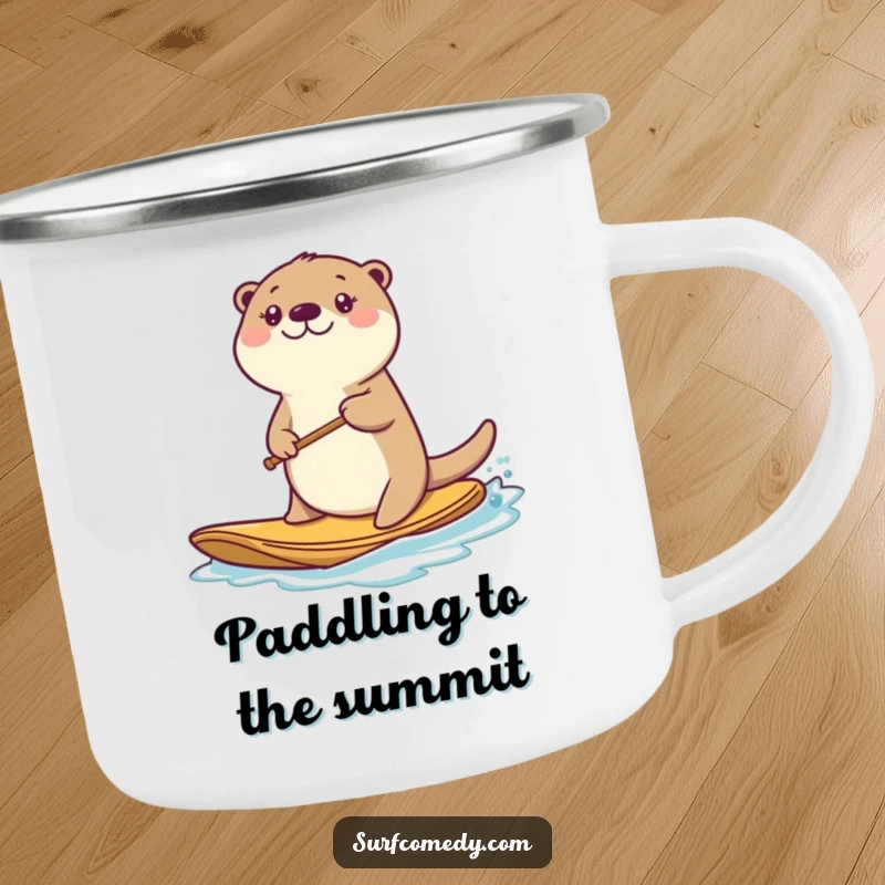 Funny kawaii sea otter character paddling a board on a camping mug, perfect for outdoor enthusiasts.