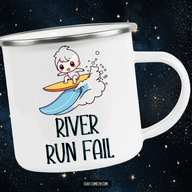 Funny Kawaii character camping mug depicting a comical surfboard wipeout with a splash, a perfect funny gift.