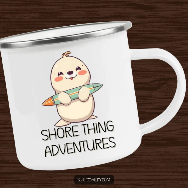 Funny enamel camping mug featuring a smiling seal balancing a surfboard on its nose, for outdoor adventures.