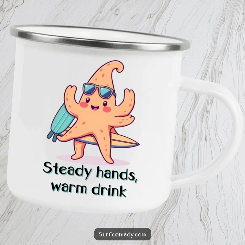 Funny camping mug showing a cute kawaii starfish character balancing a surfboard on its arms, perfect for outdoor fun and beach lovers.