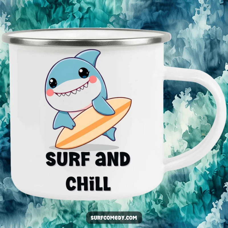 Funny kawaii shark character with a big smile, nudging a surfboard, rugged funny camping mug.