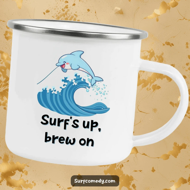 Funny camping mug featuring a happy dolphin character leaping over a stylized ocean wave, designed for outdoor adventures.