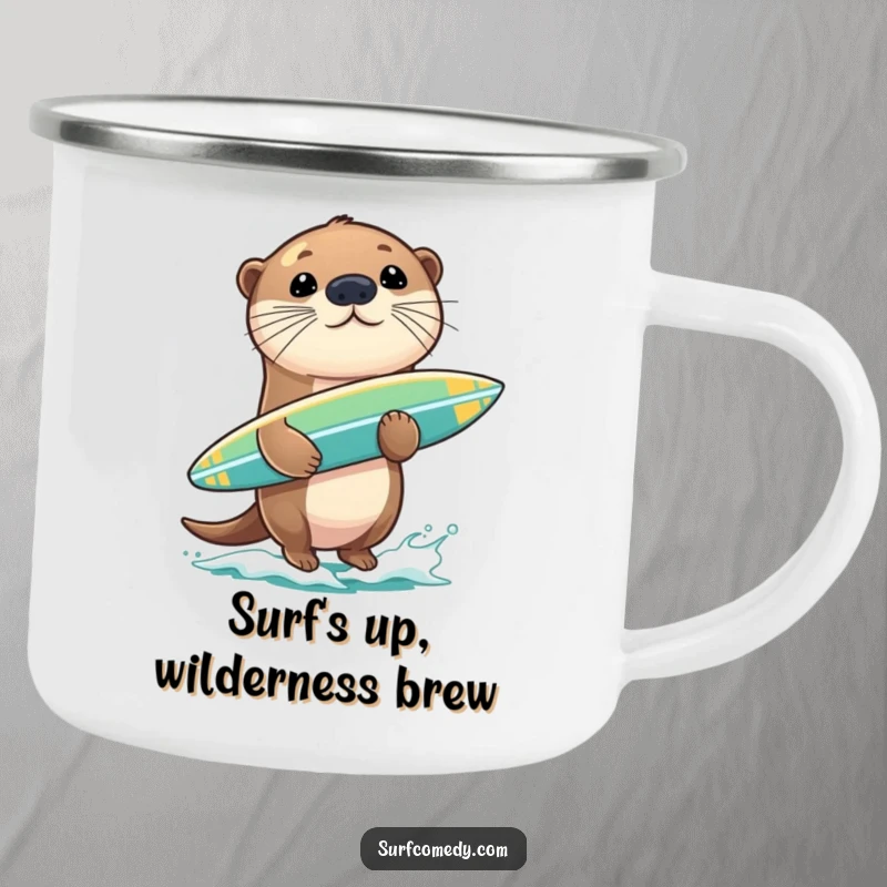 Funny sea otter balancing a surfboard on its nose, featured on a sturdy camping mug for humorous outdoor enjoyment.