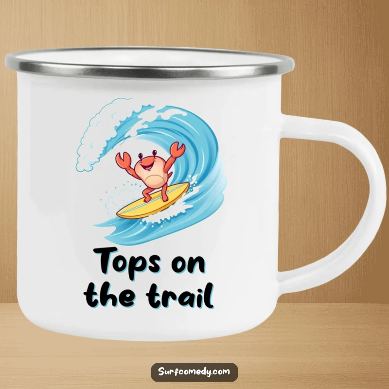 Funny happy crab character doing a handstand on a surfboard while riding a wave, perfect for outdoor enthusiasts who love the beach.