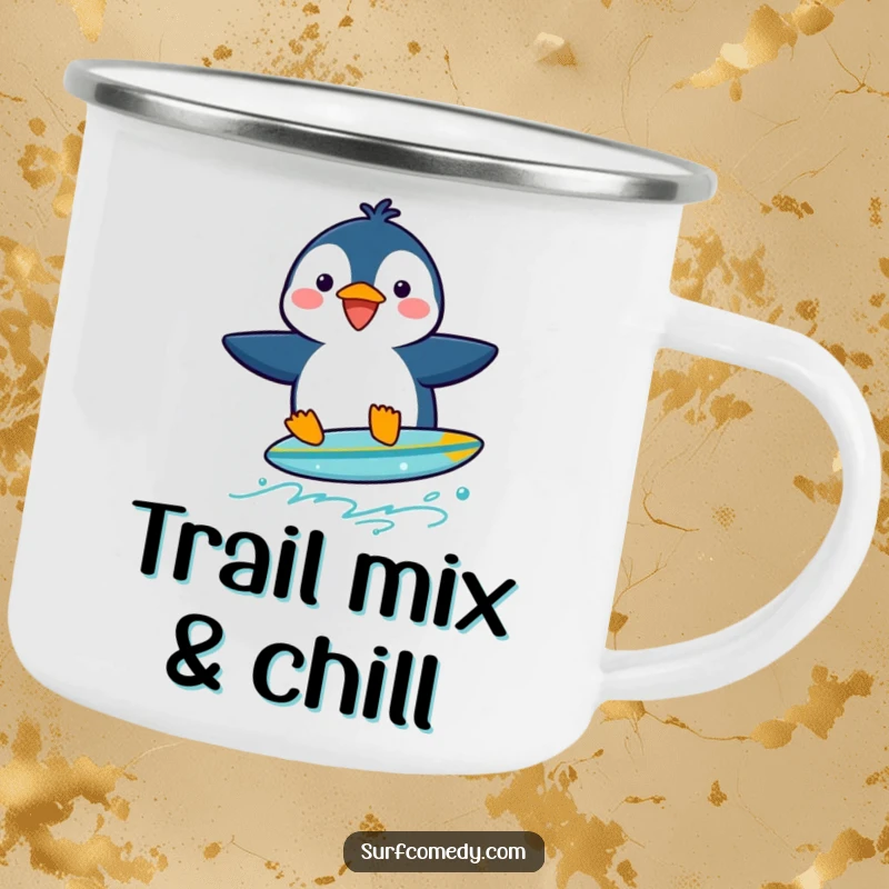 Funny penguin character surfing on a tiny board, designed for a rugged yet humorous camping mug.