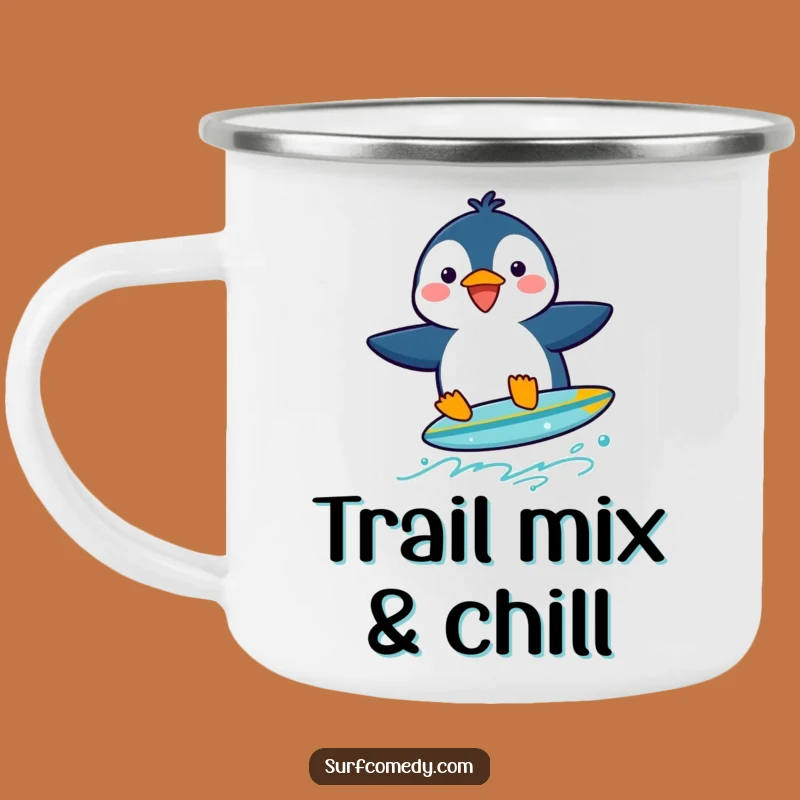 Funny Penguin Surfer Camping Mug: Outdoor Laughs and Arctic Adventure Sip Gift