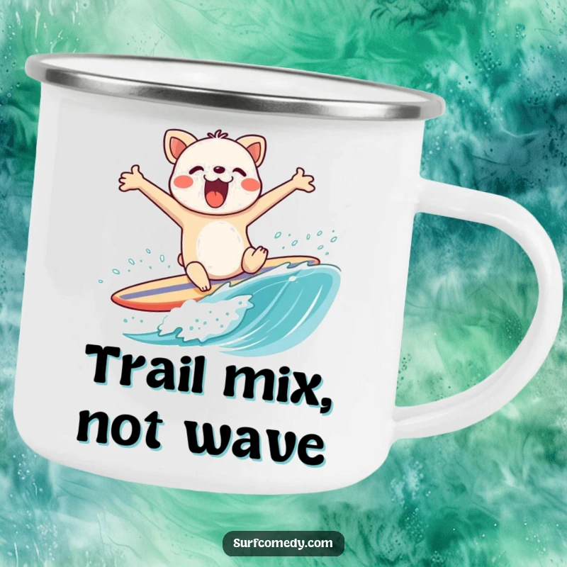 Funny camping mug showing a flailing animal character comically wiping out on a surfboard, perfect for outdoor humor lovers.