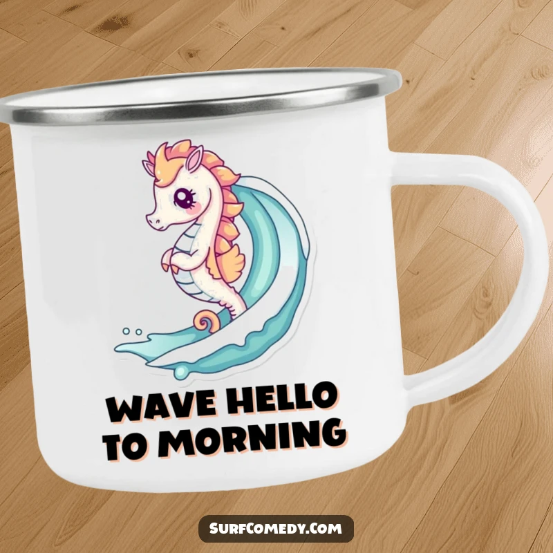 Funny camping mug featuring a cute kawaii seahorse surfing a curling wave, designed for durability and seaside fun.