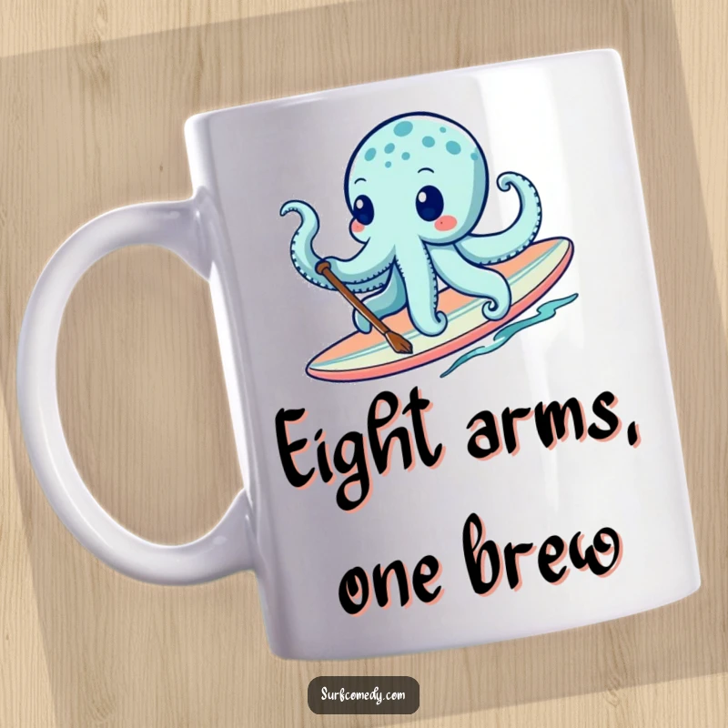 Funny octopus character energetically paddling a surfboard with multiple tentacles, showcasing determination and humor. A perfect funny gift.