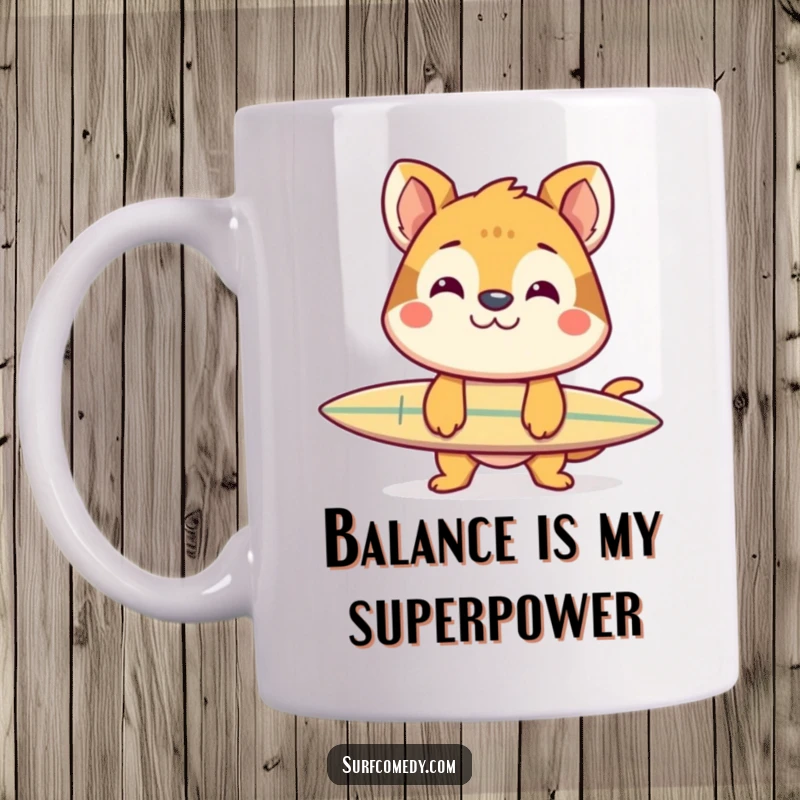 Funny mug showing a cheerful animal with a big grin balancing a surfboard perfectly on its nose, showcasing amazing skill.