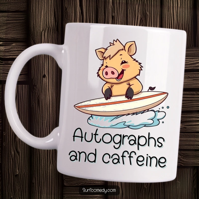 Funny mug depicting a happy boar character enthusiastically signing a surfboard with an autograph pen.
