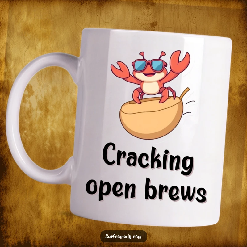 Funny mug featuring a playful crab wearing sunglasses, surfing adeptly on a small, floating coconut, embodying cool beach vibes.