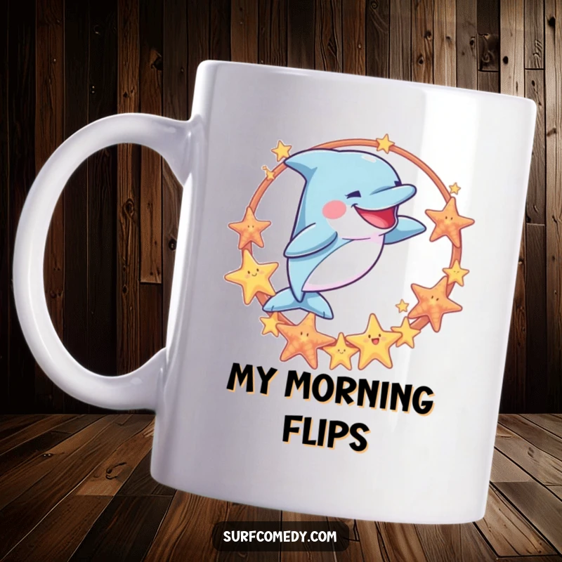 Funny mug showing a goofy dolphin leaping through a hoop made of colorful sea stars, celebrating ocean fun and playful acrobatics.