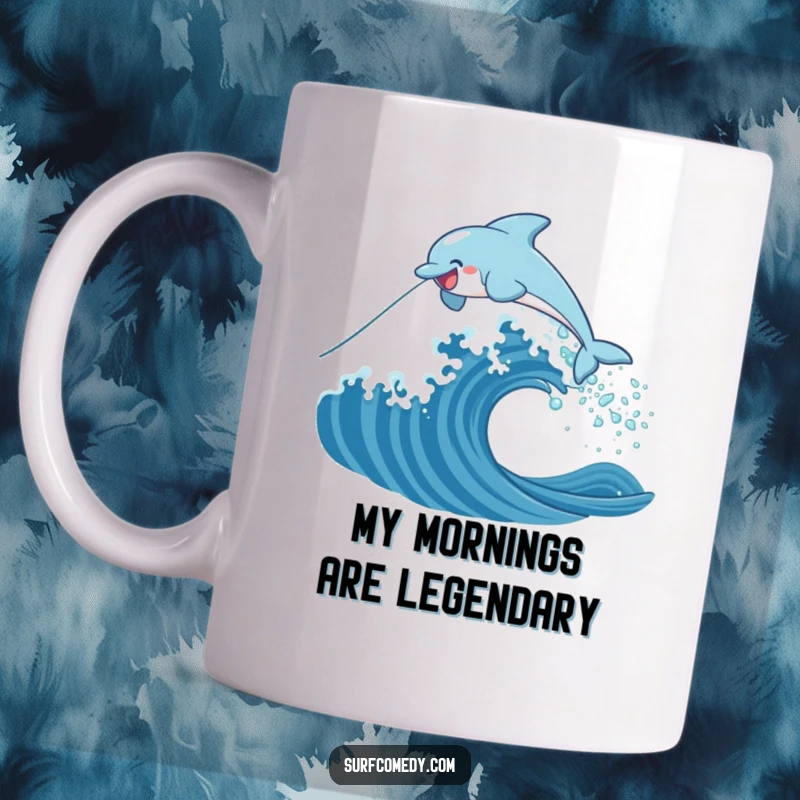 Funny mug featuring a joyful dolphin character leaping high over a stylized, giant ocean wave, capturing a moment of pure aquatic bliss.