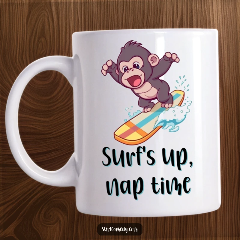 Funny mug featuring a gorilla in mid-air, playfully diving off a surfboard into a sparkling blue ocean.