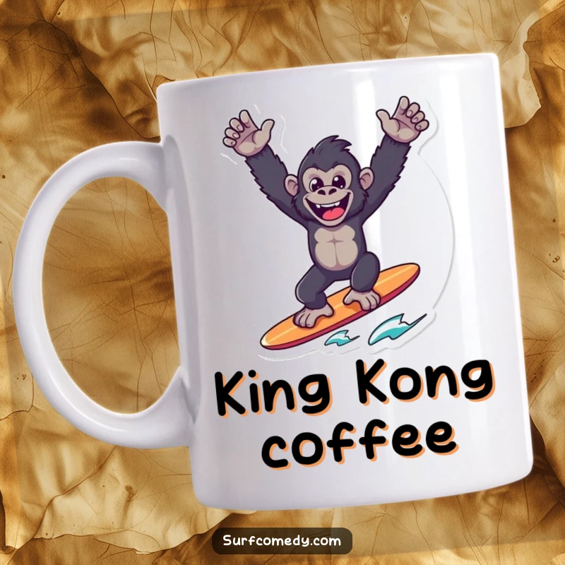 Funny Gorilla Surfer Mug: A joyful gorilla balances triumphantly on a surfboard, arms raised in victory, embodying fun and strength.