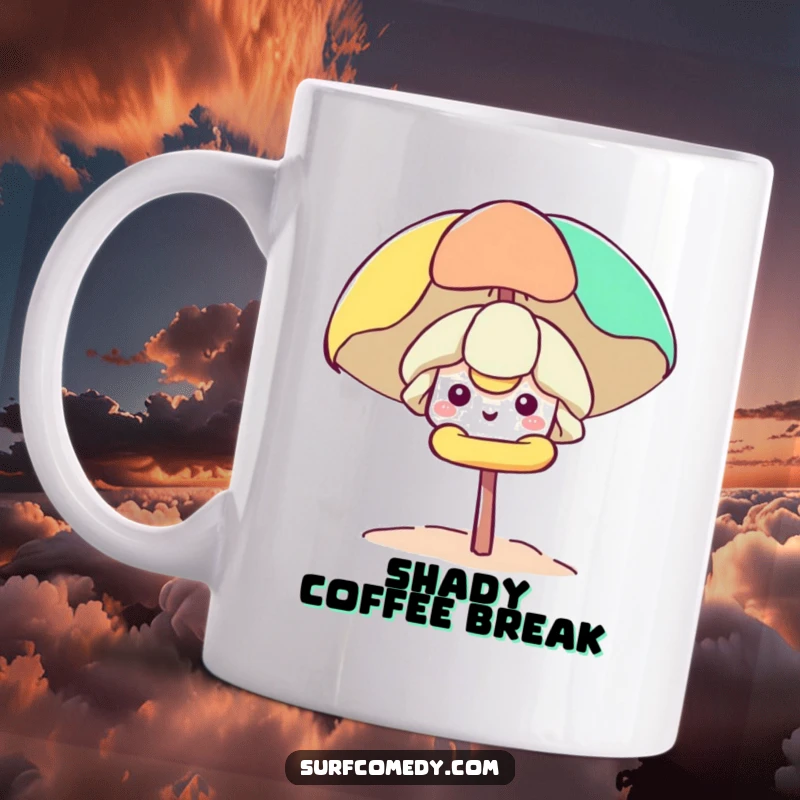 Funny Kawaii character smiling and peeking from a beach umbrella, bringing playful humor to a mug.