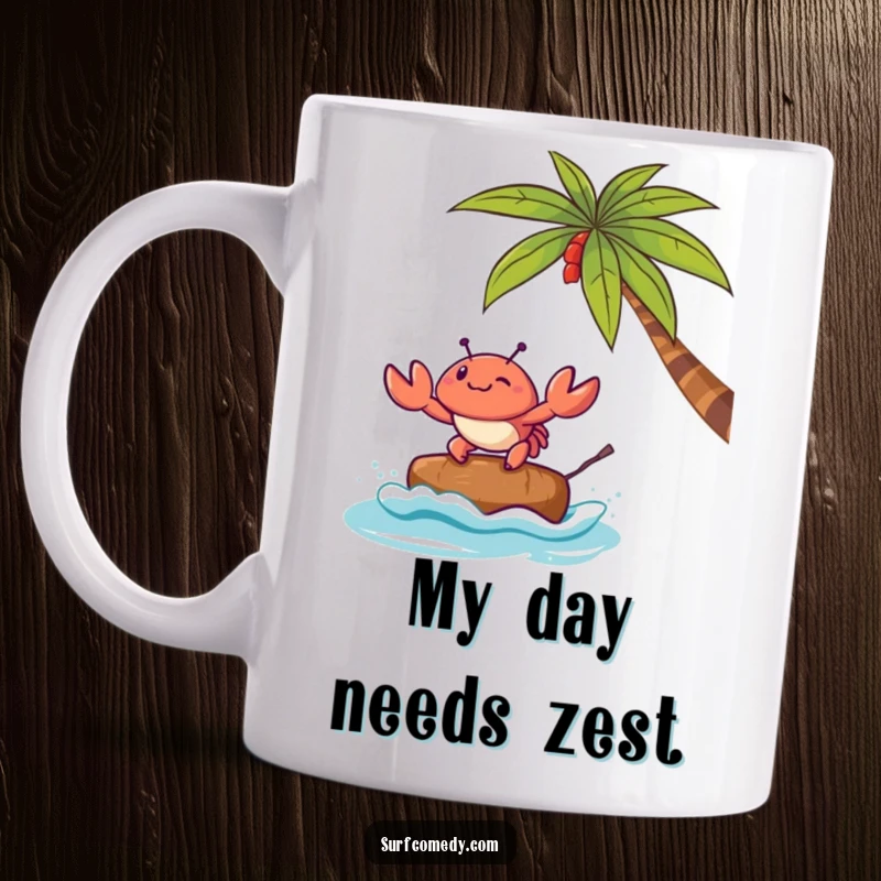 Funny mug featuring a Kawaii crab character hilariously attempting to surf on a small coconut in the ocean.
