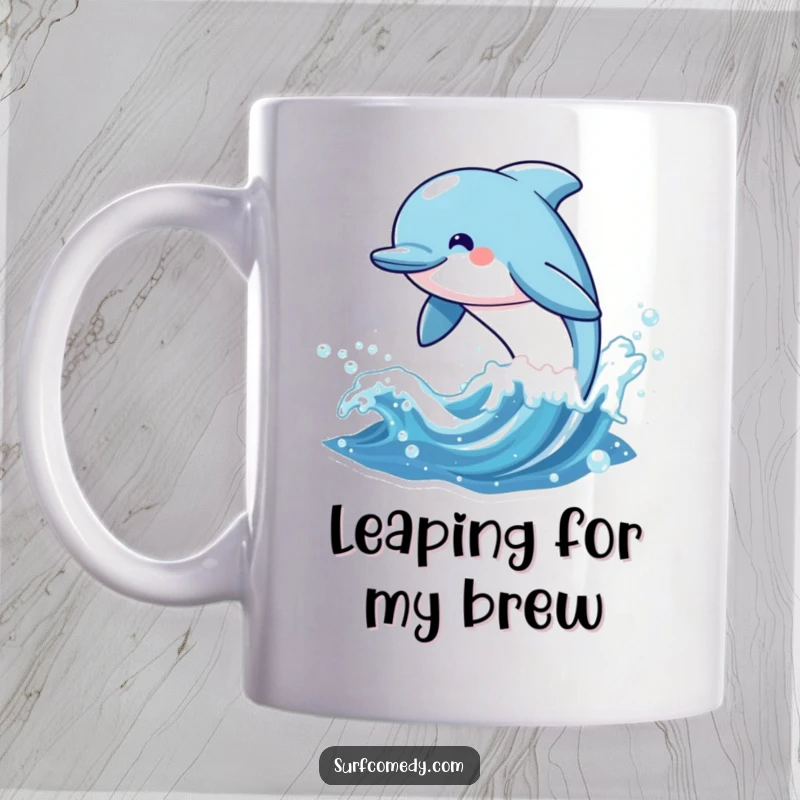 Funny mug with a cheerful kawaii dolphin character leaping from a sparkling wave, symbolizing joy, energy, and ocean fun.
