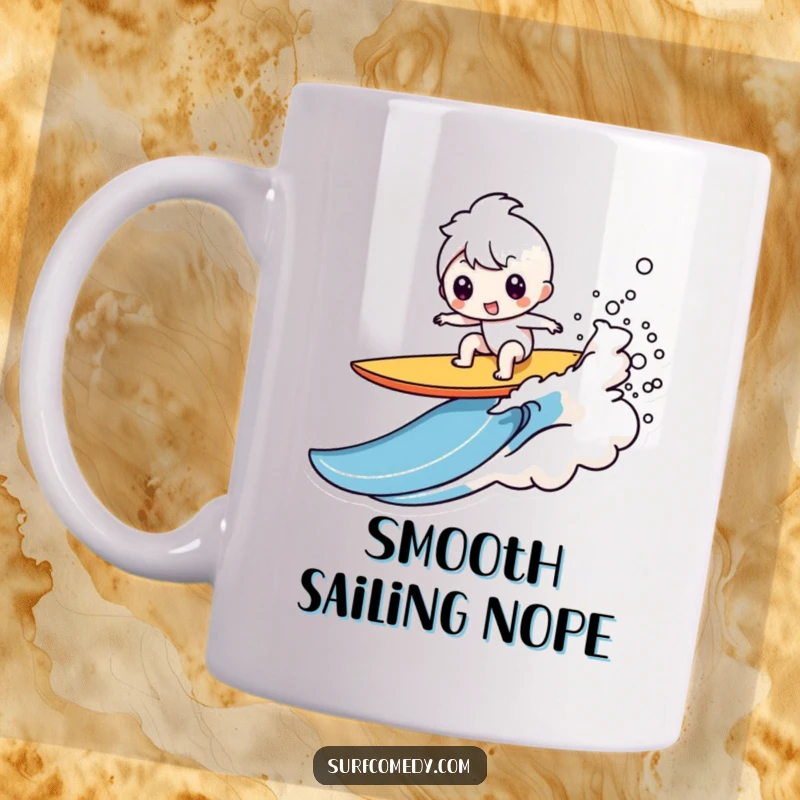 Funny Kawaii character mug showing a comical surfboard wipeout with a big splash, celebrating beach fun and humor.