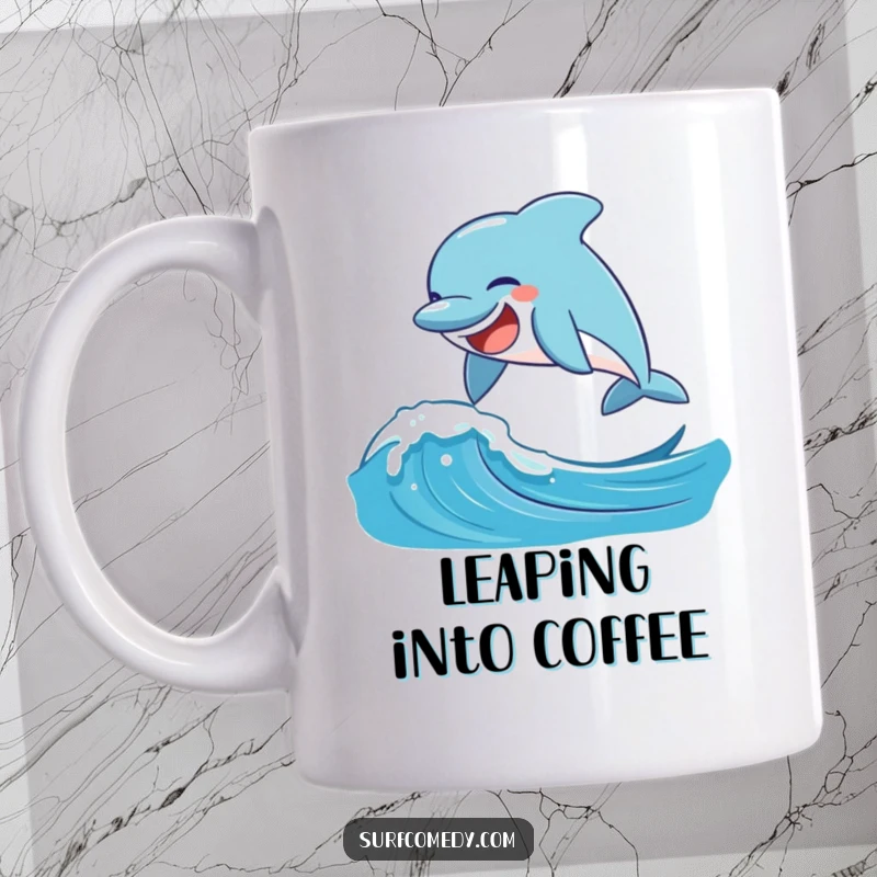 Funny laughing dolphin character joyfully leaping high over a playful, splashing ocean wave.