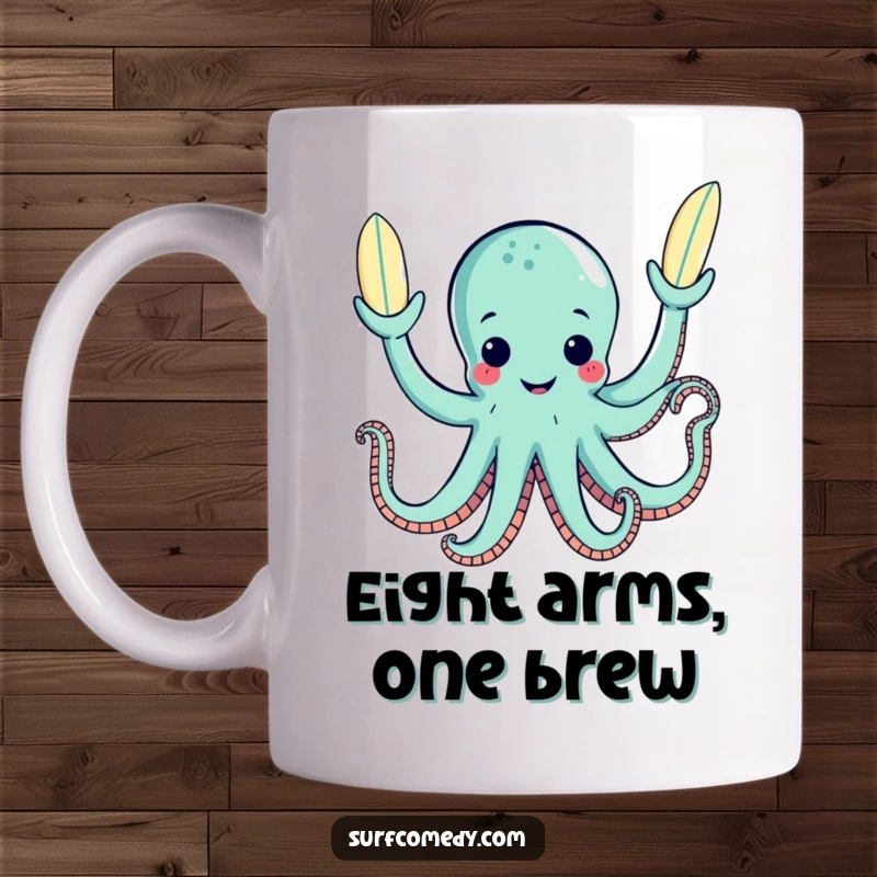 Funny happy octopus character juggling three small surfboards with its many tentacles, smiling on a mug.