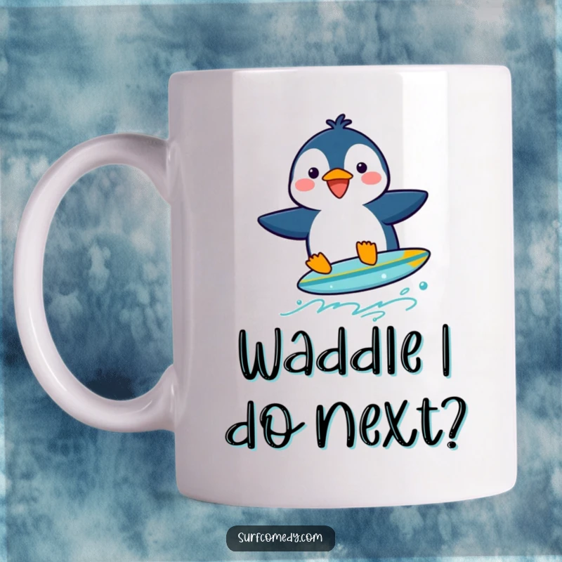 Funny penguin attempting to surf a tiny surfboard with a cheerful expression, designed for mugs.