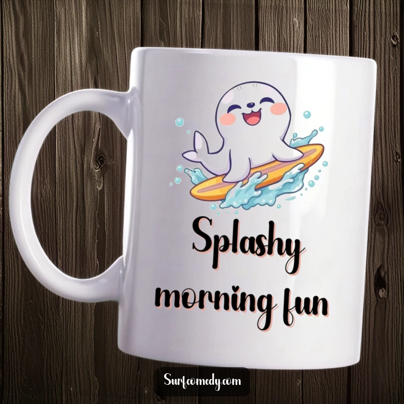 Funny laughing seal character sliding off a surfboard into a refreshing splash, conveying joy and playful water fun.