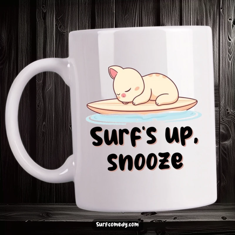 Funny mug showing a very sleepy animal character peacefully napping on a surfboard in calm, tranquil waters.