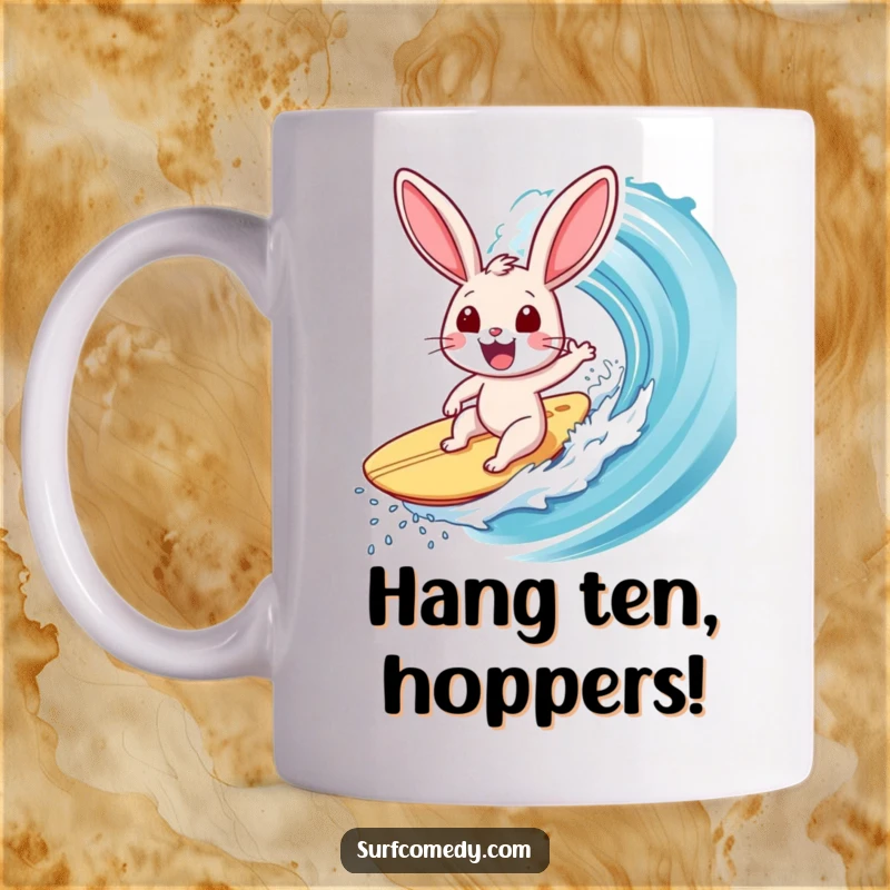 Funny Surfer Rabbit Mug: A rabbit catches a huge wave with pure exhilaration, embodying thrilling surf adventure and humor.