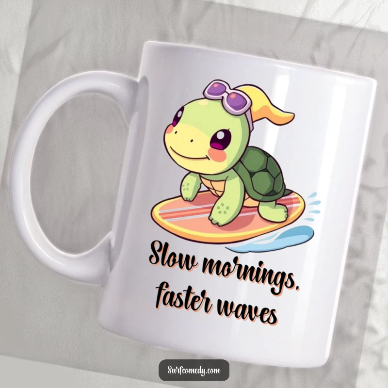 Funny turtle character happily surfing on a surfboard, flippers paddling with joy, a hilarious gift for ocean lovers.